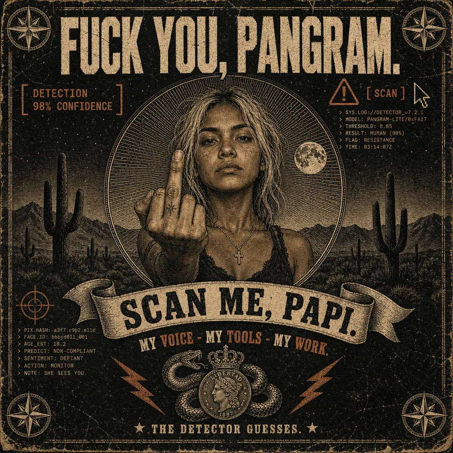 A letterpress-style poster of Babydoll in the Sonoran desert raising her middle finger to the viewer. The headline reads &ldquo;Fuck you, Pangram.&rdquo; A banner across her reads &ldquo;Scan me, Papi&rdquo; above the line &ldquo;My voice, my tools, my work.&rdquo; Mock detector output down the sides reports RESULT: HUMAN (98%), FLAG: RESISTANCE, SENTIMENT: DEFIANT. Along the bottom: &ldquo;The detector guesses.&rdquo;